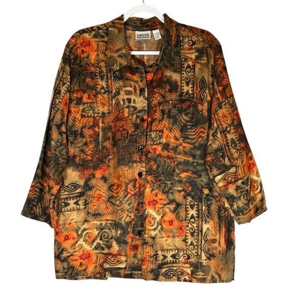 Chicos Design Vintage Sz 3, XL 100% Linen Button Up Blouse Aztec Southwestern - Picture 1 of 11